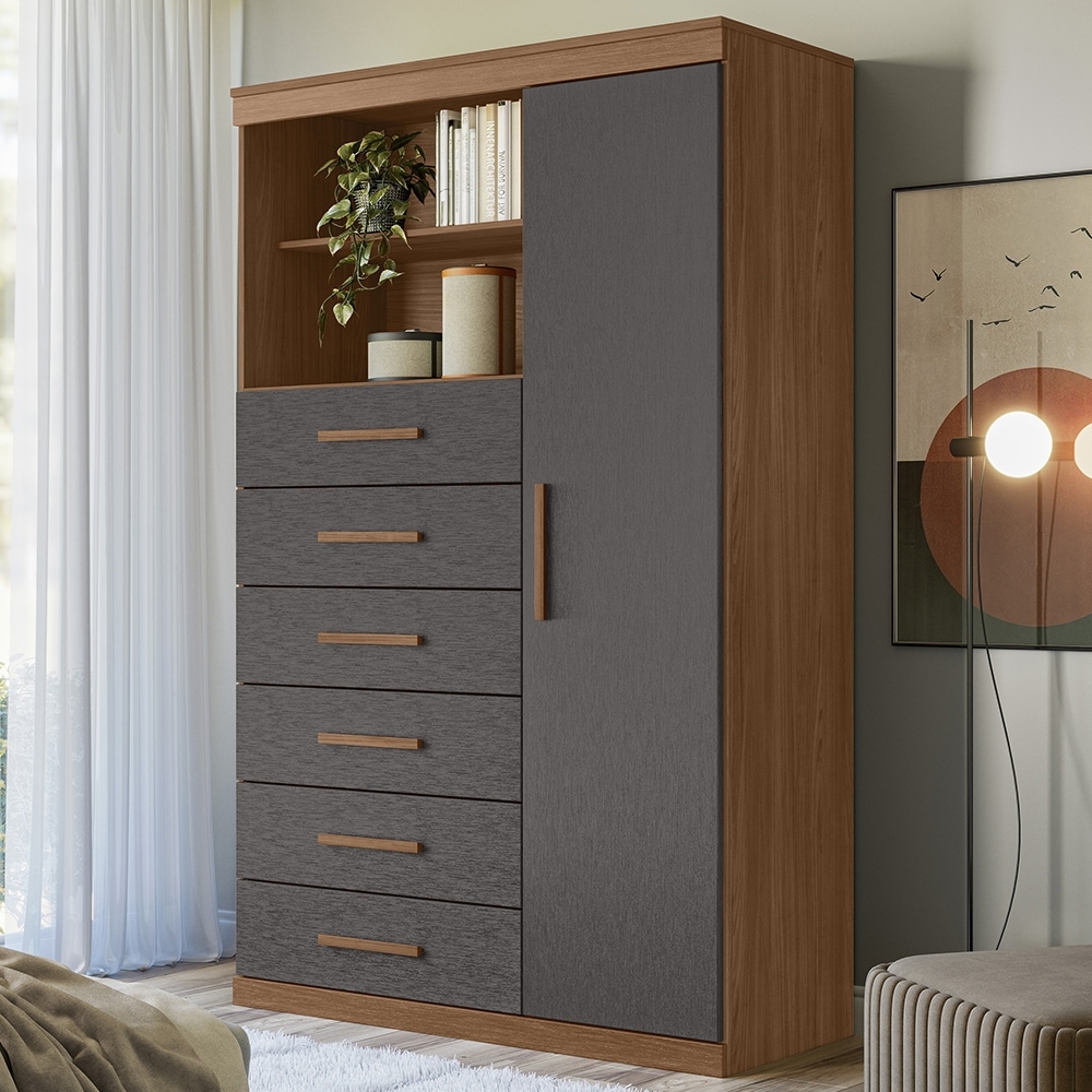 Cômoda Multiuso 6 Gavetas 1 Porta 96cm Guaíra Jatobá/Grafite S01 - Mpozenato