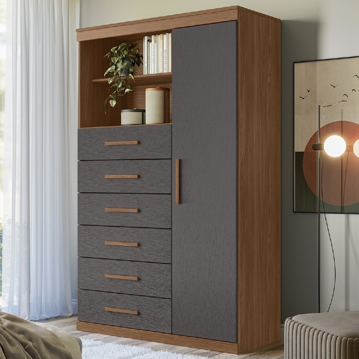 Cômoda Multiuso 6 Gavetas 1 Porta 96cm Guaíra Jatobá/Grafite S01 - Mpozenato