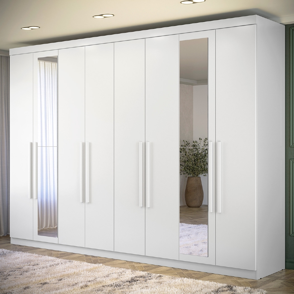 Guarda Roupa Casal 239cm 8 Portas 4 Gavetas Com Espelho Vortex Branco S01 - Mpozenato