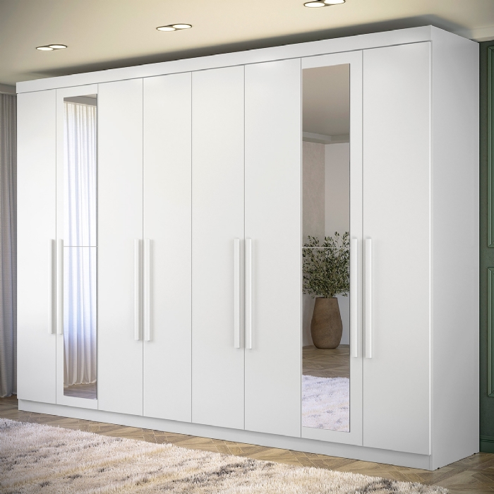 Guarda Roupa Casal 239cm 8 Portas 4 Gavetas Com Espelho Vortex Branco S01 - Mpozenato