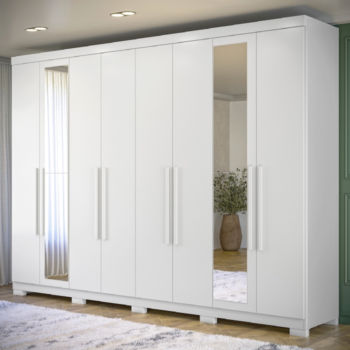 Guarda Roupa Casal 239cm 8 Portas Com Pés e Espelho Vortex Branco S01 - Mpozenato