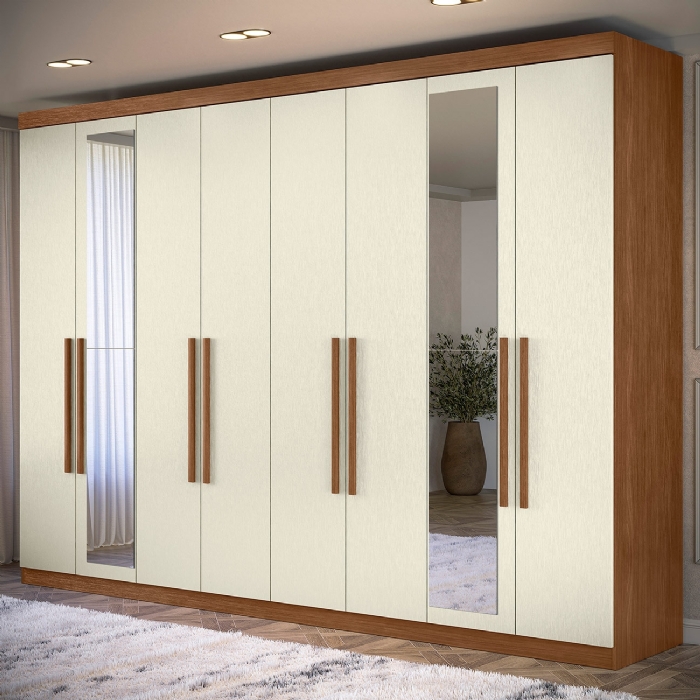 Guarda Roupa Casal 239cm 8 Portas 4 Gavetas Com Espelho Vortex Jatobá/Areia S01 - Mpozenato