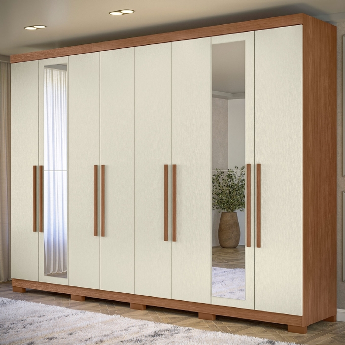 Guarda Roupa Casal 239cm 8 Portas Com Pés e Espelho Vortex Jatobá/Areia S01 - Mpozenato