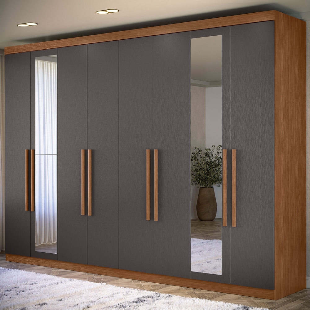 Guarda Roupa Casal 239cm 8 Portas 4 Gavetas Com Espelho Vortex Jatobá/Grafite S01 - Mpozenato
