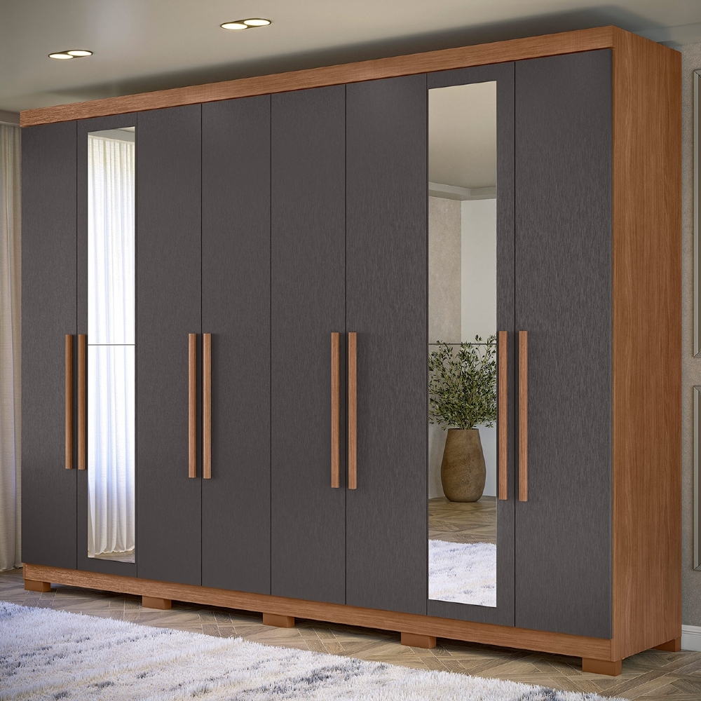 Guarda Roupa Casal 239cm 8 Portas Com Pés e Espelho Vortex Jatobá/Grafite S01 - Mpozenato