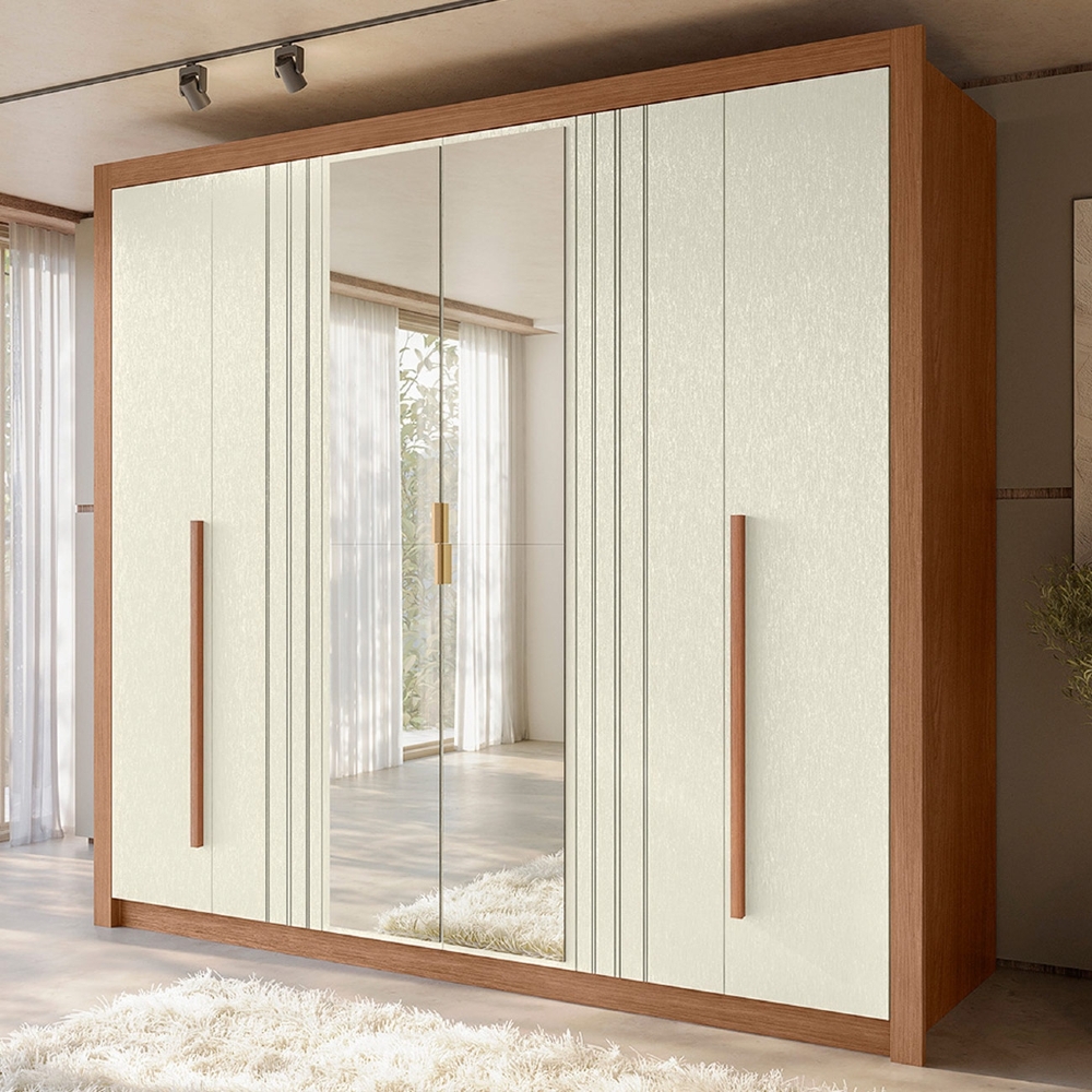 Guarda Roupa Casal 245cm 6 Portas Com Espelho Loretto Jatobá/Areia S01 - Mpozenato