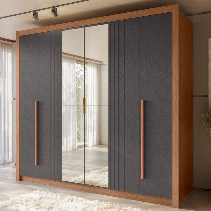 Guarda Roupa Casal 245cm 6 Portas Com Espelho Loretto Jatobá/Grafite S01 - Mpozenato