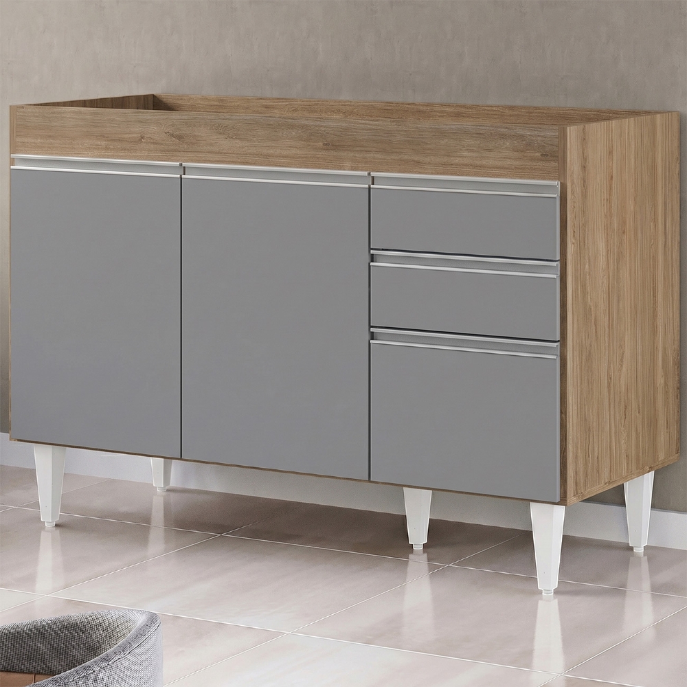 Balcão Gabinete 120cm 3 Portas 2 Gavetas Michigan Castanho/Cinza - Lumil