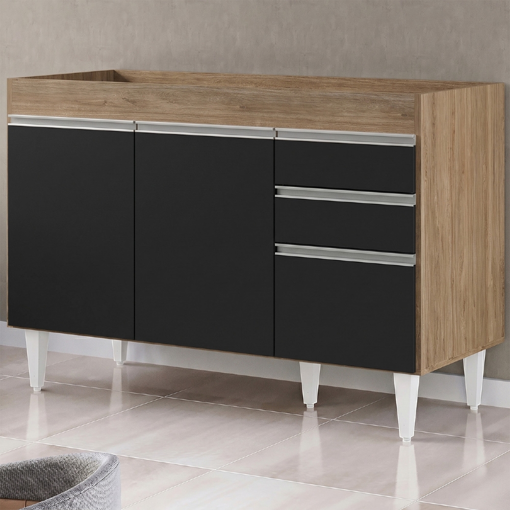Balcão Gabinete 120cm 3 Portas 2 Gavetas Michigan Castanho/Preto - Lumil