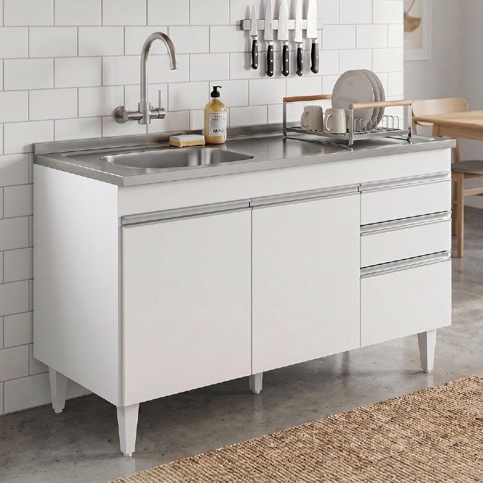 Balcão de Cozinha Com Pia Inox Deslocada 120cm Ávila Branco L03 - Mpozenato