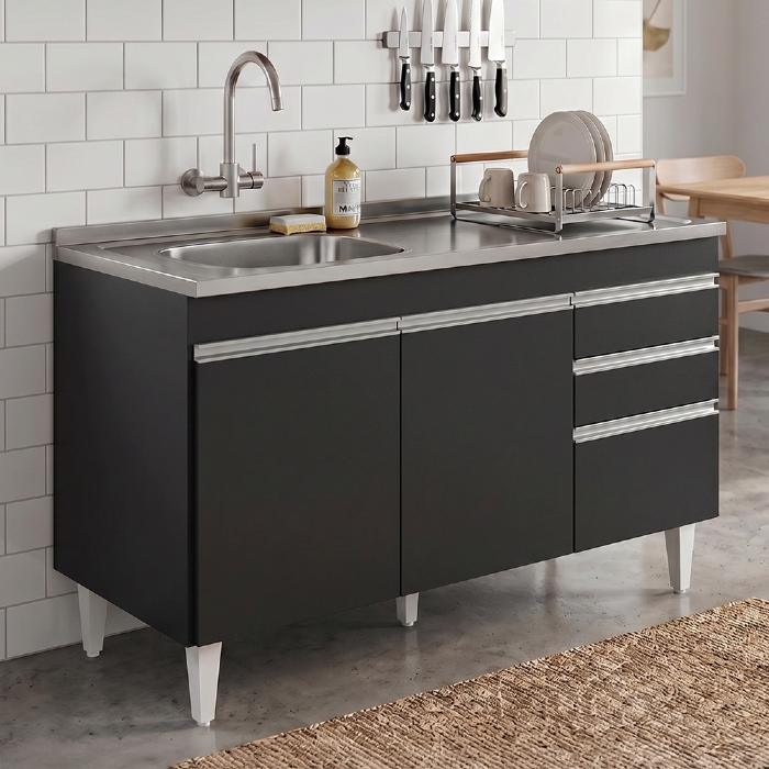Balcão de Cozinha Com Pia Inox Deslocada 120cm Ávila Preto L03 - Mpozenato