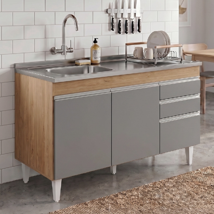 Balcão de Cozinha Com Pia Inox Deslocada 120cm Ávila Castanho/Cinza L03 - Mpozenato