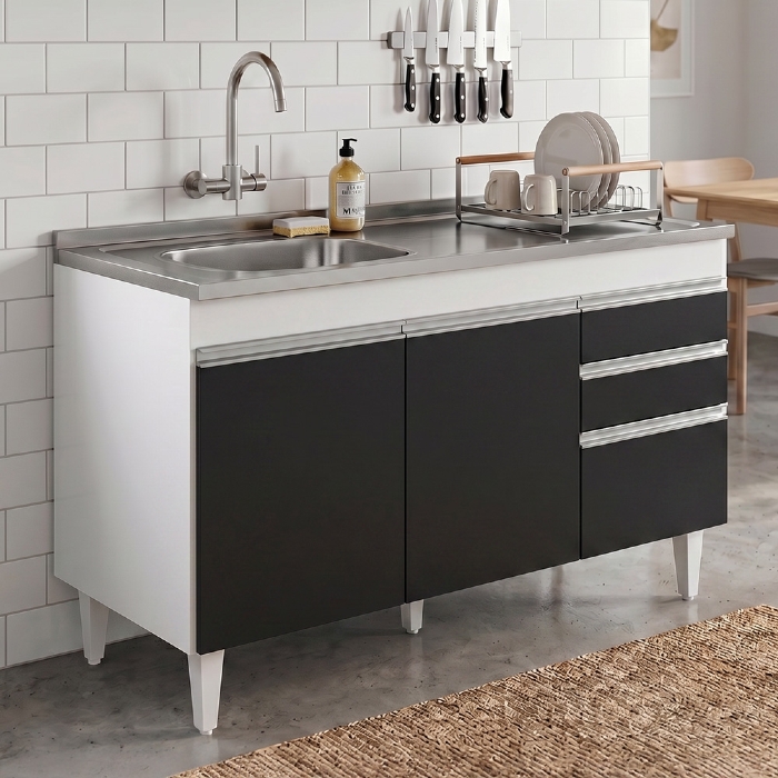 Balcão de Cozinha Com Pia Inox Deslocada 120cm Ávila Branco/Preto L03 - Mpozenato