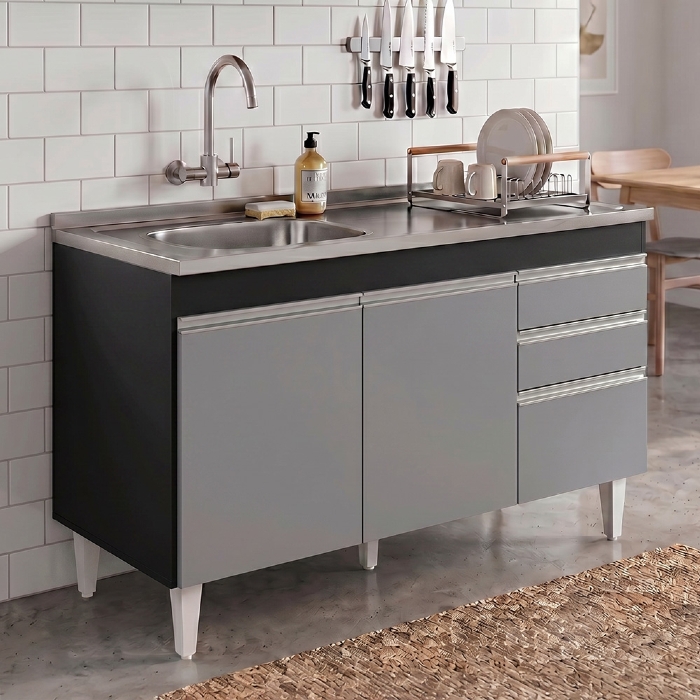 Balcão de Cozinha Com Pia Inox Deslocada 120cm Ávila Preto/Cinza L03 - Mpozenato