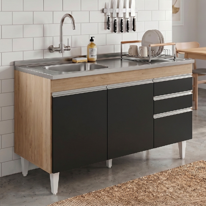 Balcão Cozinha Com Pia Inox Deslocada 120cm Ávila Castanho/Preto L03 - Mpozenato
