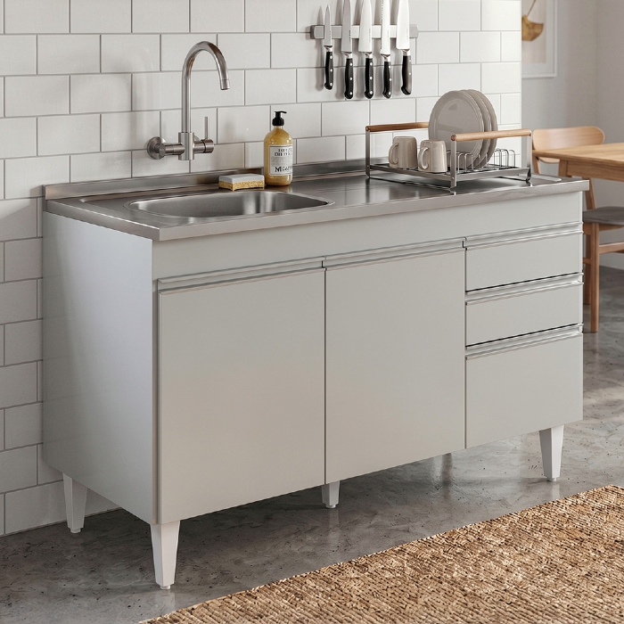 Balcão de Cozinha Com Pia Inox Deslocada 120cm Ávila Cinza Claro L03 - Mpozenato