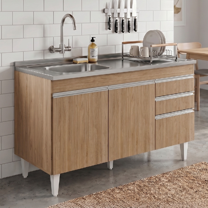 Balcão de Cozinha Com Pia Inox Deslocada 120cm Ávila Castanho L03 - Mpozenato