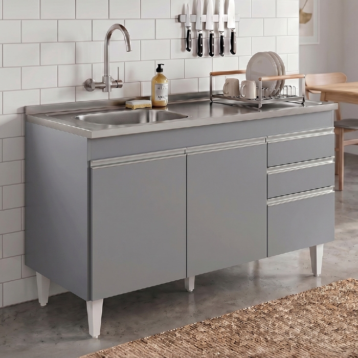 Balcão Cozinha Com Pia Inox Deslocada 120cm Ávila Cinza Sagrado L03 - Mpozenato