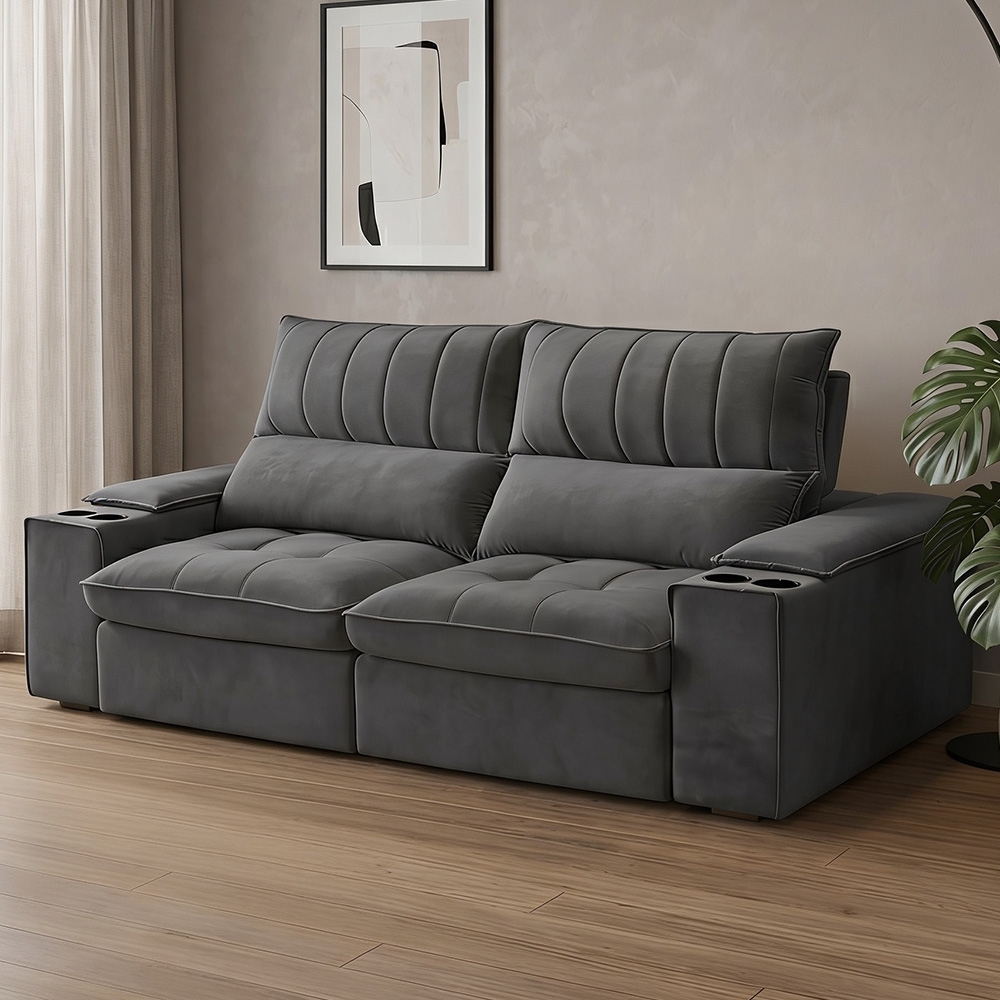 Sofá Retrátil 3 Lugares com Porta Copo 210cm Andes F05 Veludo Grafite - Mpozenato