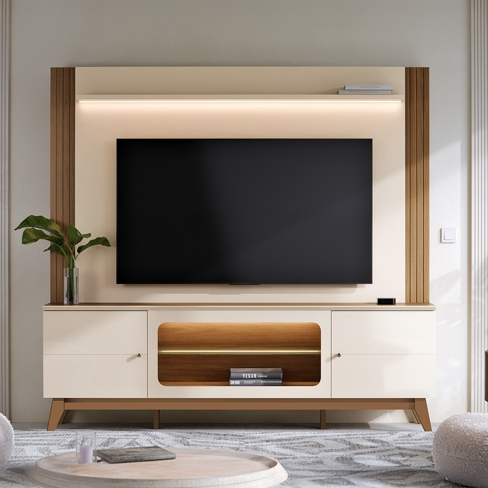 Estante Painel TV 70 Pol. 198cm Com LED Lugo Off White/Amendoa Z30 - Mpozenato