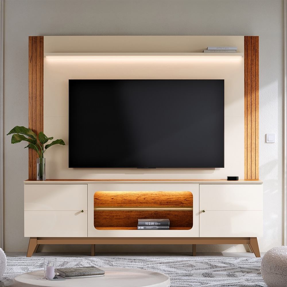 Estante Painel TV 70 Pol. 198cm Com LED Lugo Off White/Canela Z30 - Mpozenato