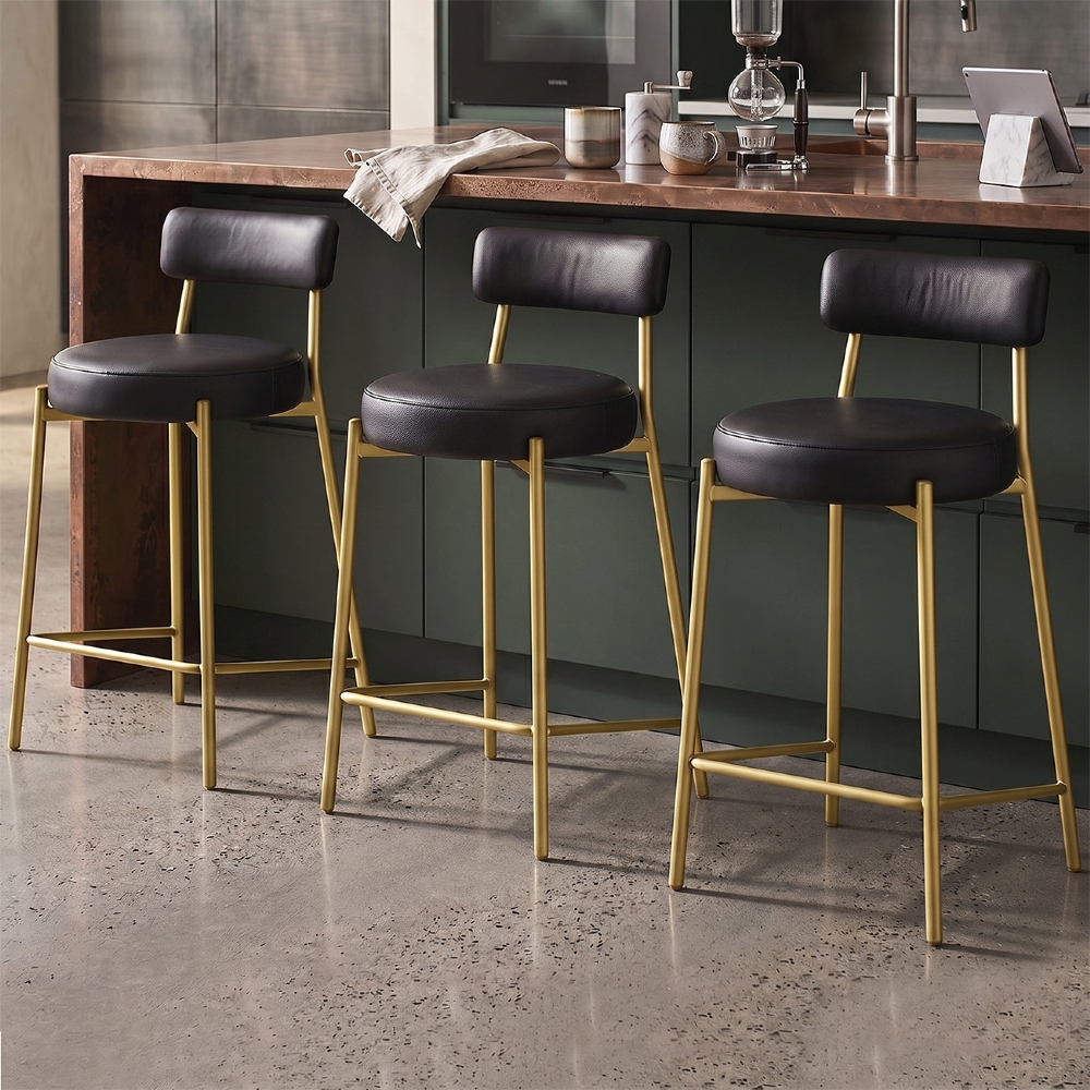 Banqueta Cozinha Média Kit 3 Torino Sintético Preto/Dorurado I01 - Mpozenato