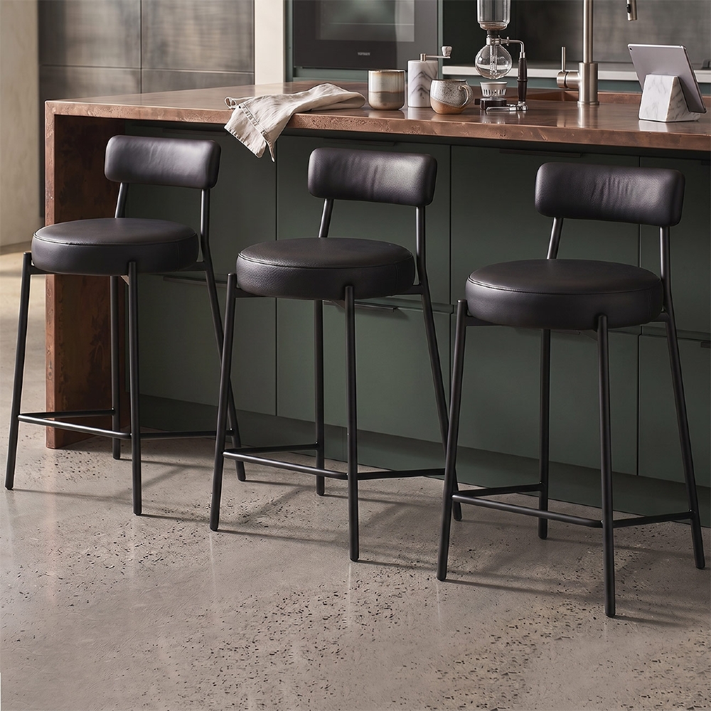Banqueta Cozinha Média Estofada Kit 3 Torino Sintético Preto/Preto I01 - Mpozenato