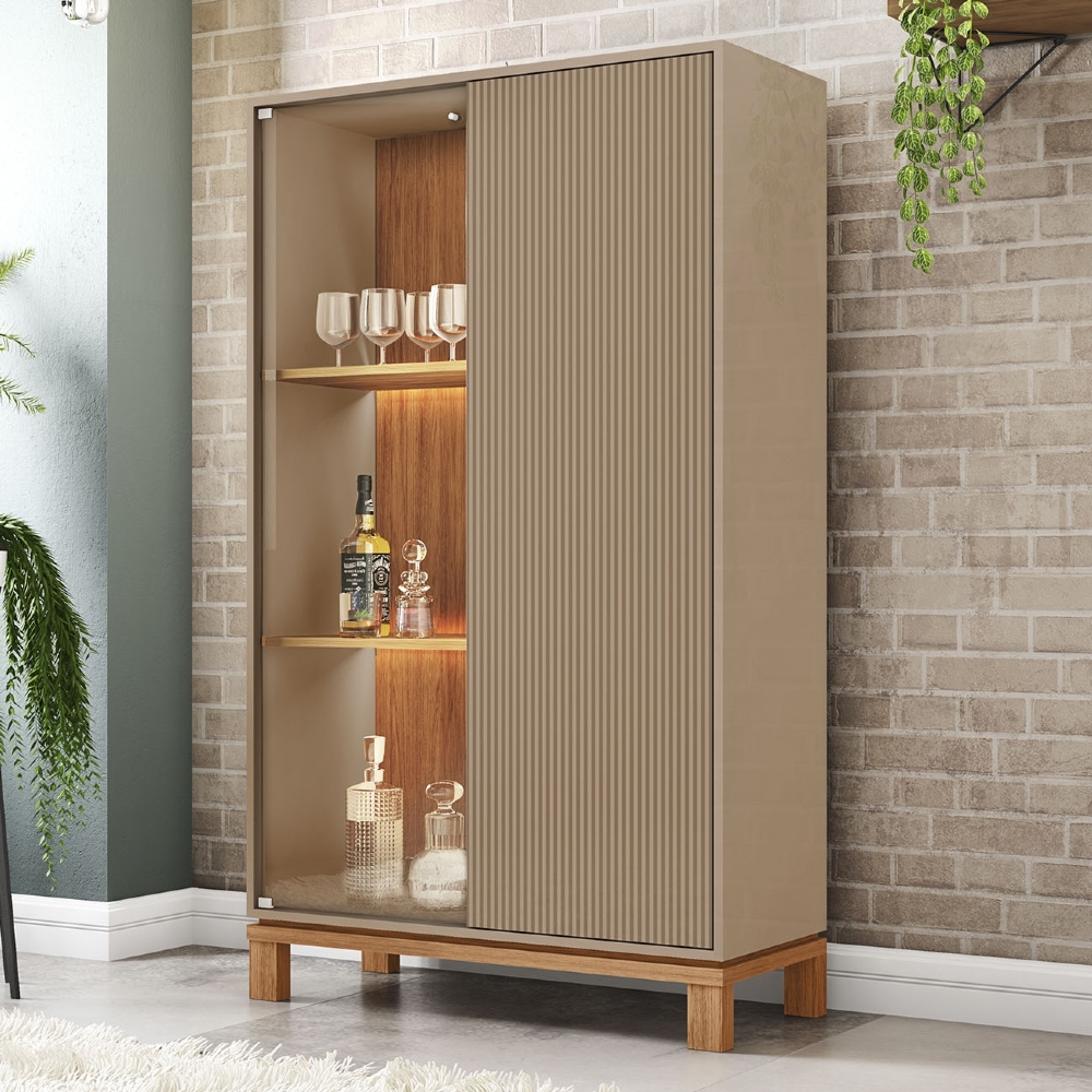 Cristaleira Porta de Vidro Com LED 90cm Lucca Areia/Freijó C01 - Mpozenato
