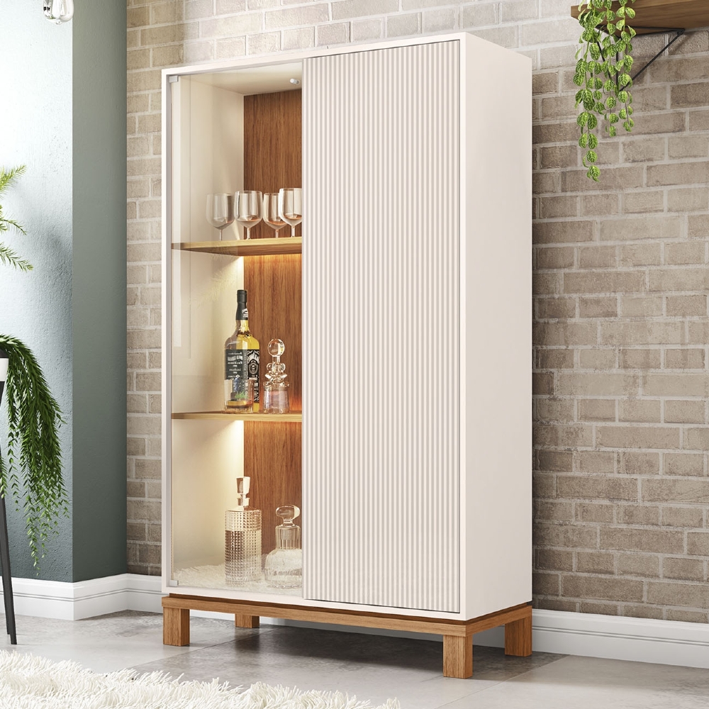 Cristaleira Porta de Vidro Com LED 90cm Lucca Off/Freijó C01 - Mpozenato