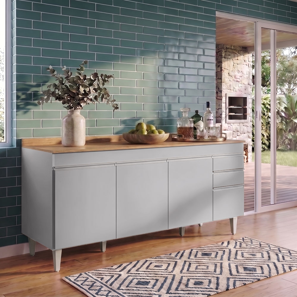 Balcão de Cozinha Para Pia 180cm com Tampo 4 Portas Dallas Cinza Claro/Castanho - Lumil