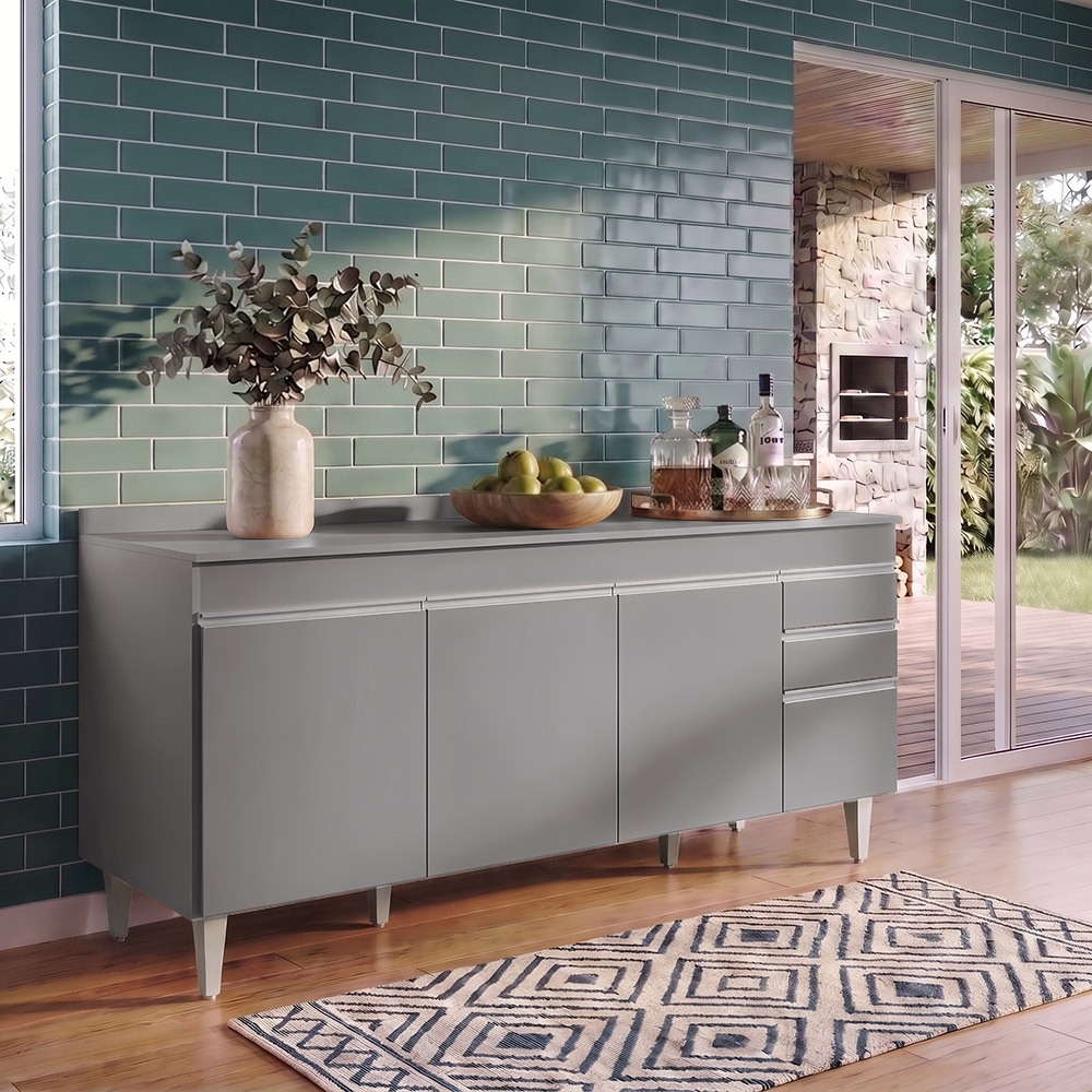 Balcão de Cozinha Para Pia Com Tampo 180cm Dallas Cinza     - Lumil