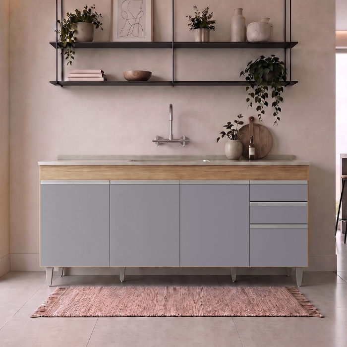 Balcão Gabinete Com Pia 180cm Dallas Castanho/Cinza - Lumil
