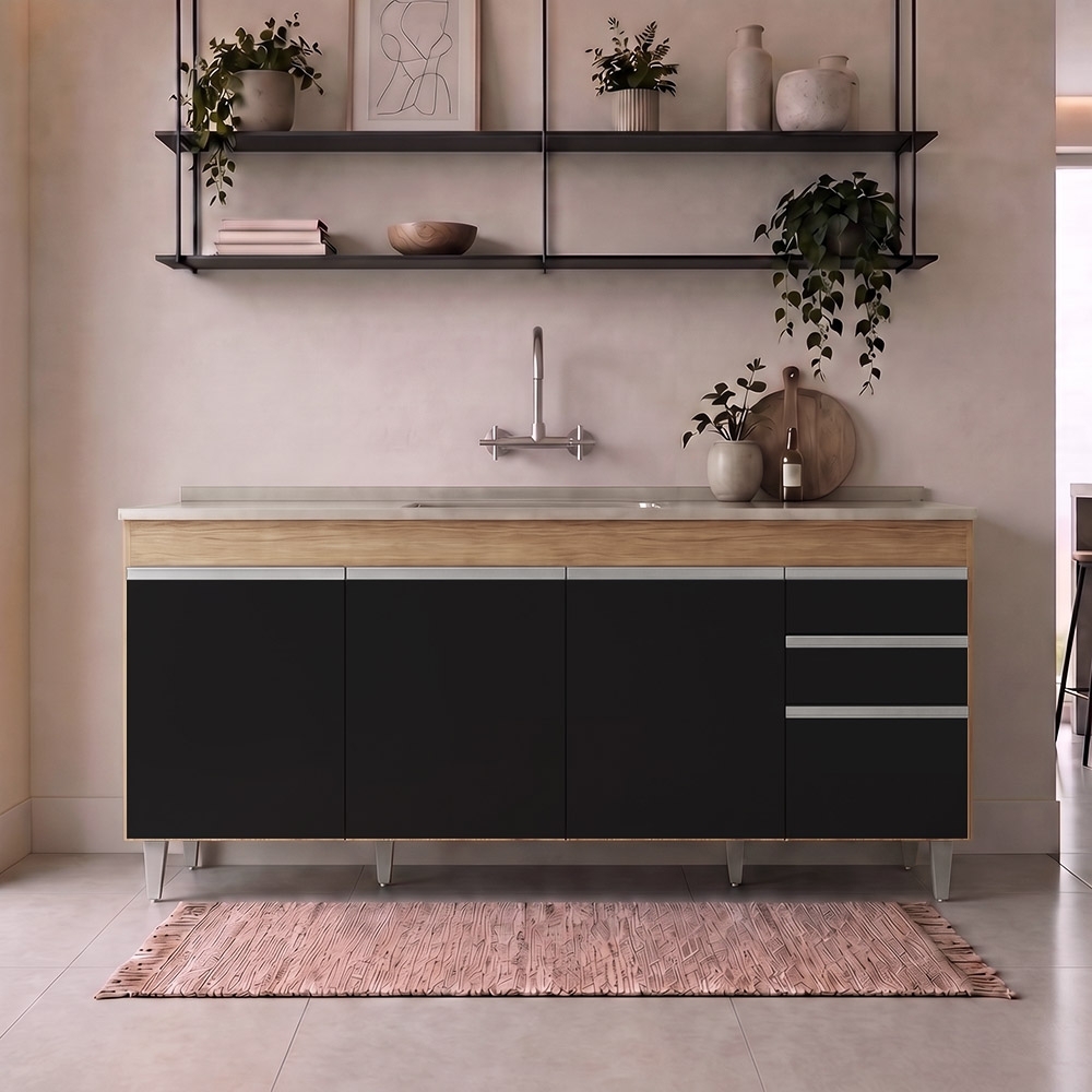 Balcão Gabinete Com Pia 180cm Dallas Castanho/Preto - Lumil