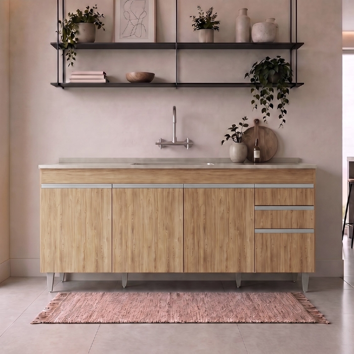 Balcão de Cozinha Com Pia Inox 180cm Dallas Castanho        - Lumil