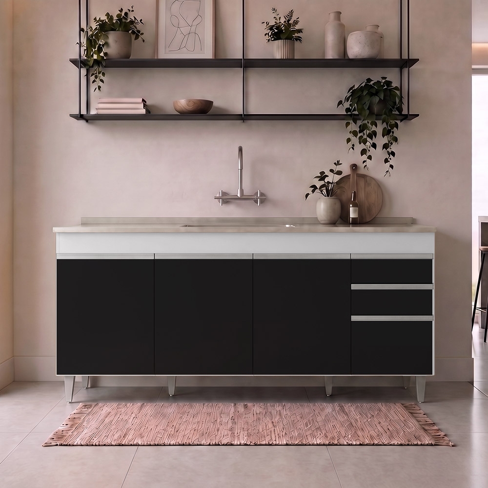 Balcão Gabinete Com Pia 180cm Dallas Branco/Preto - Lumil