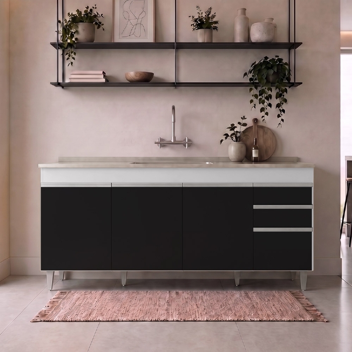 Balcão Gabinete Com Pia 180cm Dallas Branco/Preto - Lumil