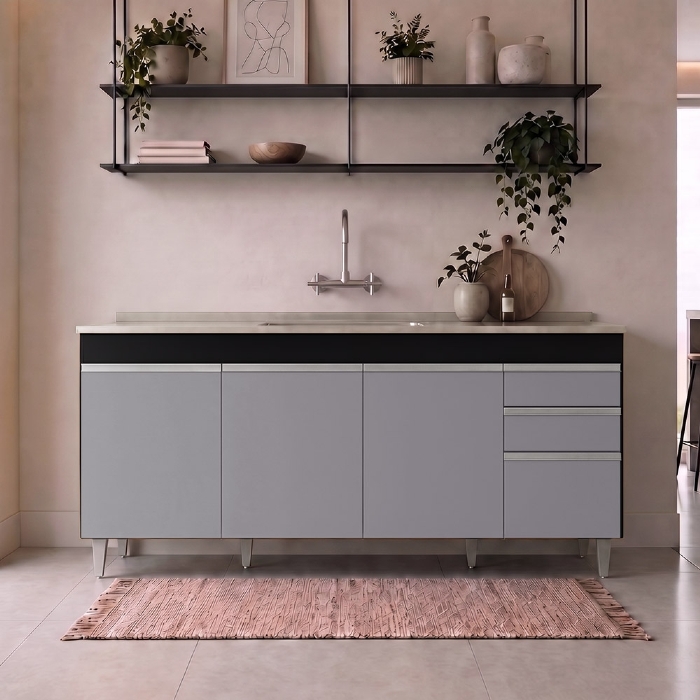 Balcão Gabinete Com Pia 180cm Dallas Preto/Cinza - Lumil