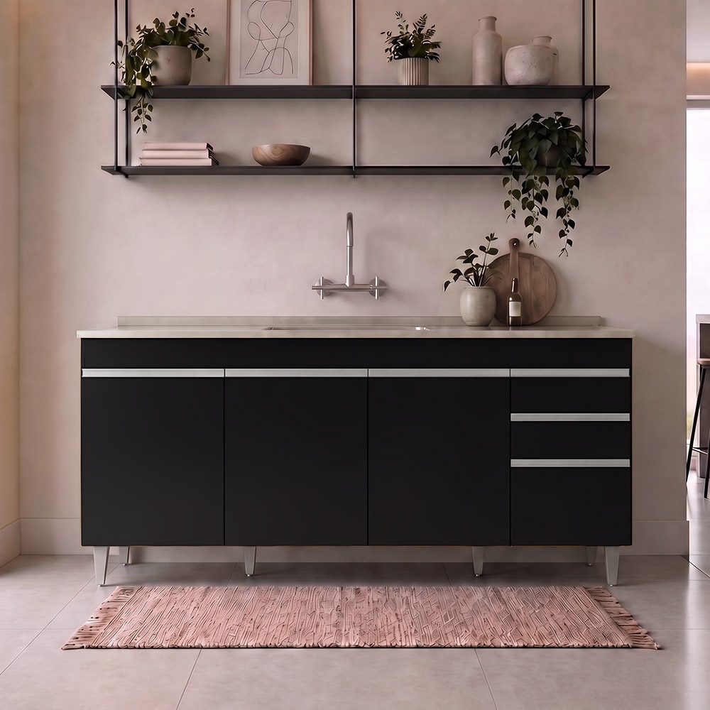 Balcão Gabinete Com Pia 180cm Dallas Preto - Lumil