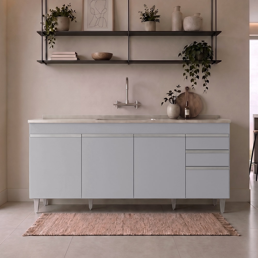 Balcão de Cozinha Com Pia Inox 180cm 4 Portas Dallas Cinza Claro - Lumil