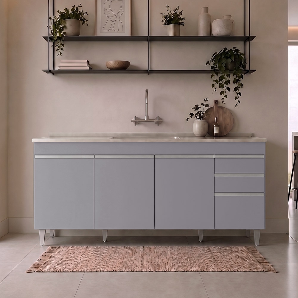 Balcão de Cozinha Com Pia Inox 180cm Dallas Cinza           - Lumil