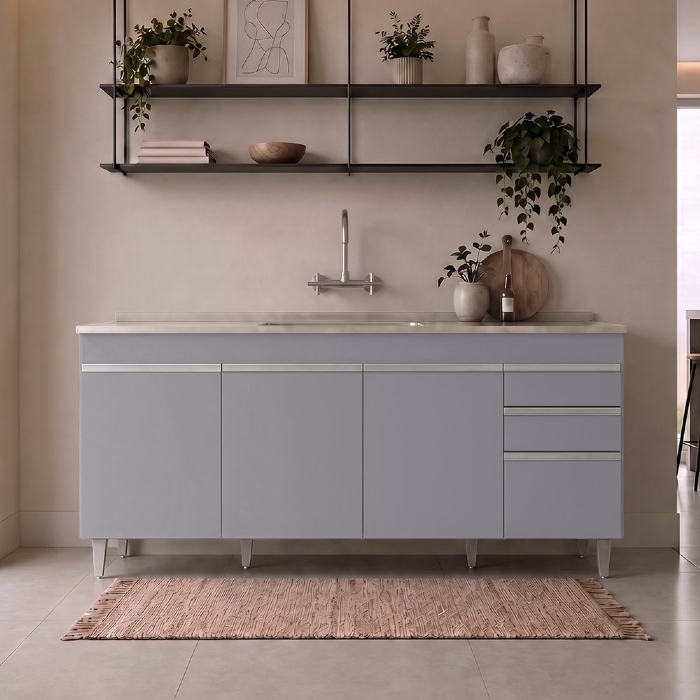 Balcão de Cozinha Com Pia Inox 180cm Dallas Cinza           - Lumil