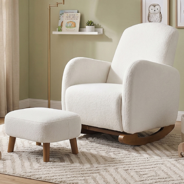 Poltrona Amamentação Balanço e Puff Serena Boucle Off White I01 - Mpozenato