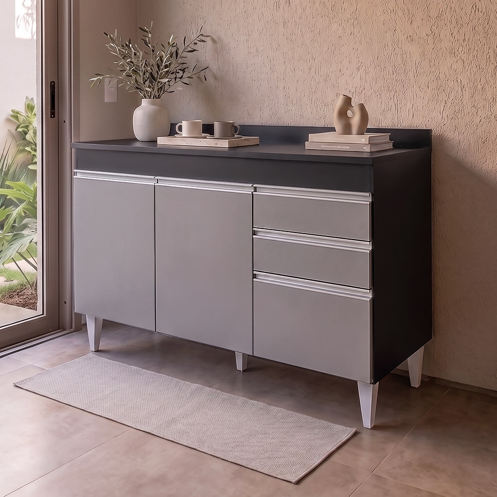 Balcão Gabinete para pia com Tampo 120cm Michigan Pto/Cinza - Lumil