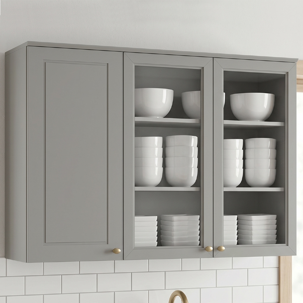 Armário de Cozinha Aéreo 120cm 3 Portas Vidro Americana Cinza - Henn