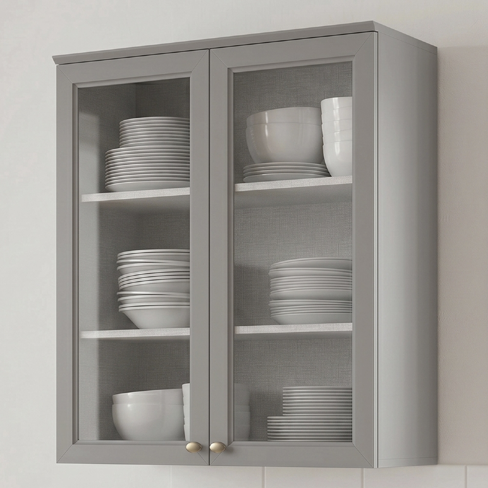 Armário de Cozinha Aéreo 80cm 2 Portas Vidro Americana Cinza - Henn