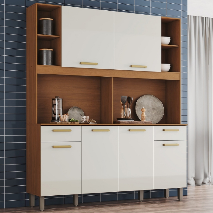 Armário Cozinha Compacta 161cm 6 Portas Átria Nature/Off B07 - Mpozenato