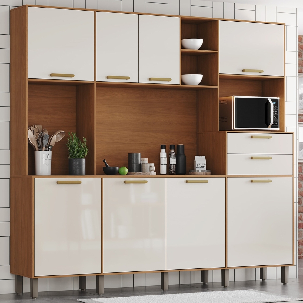 Armário Cozinha Compacta 220cm 8 Portas Íris Nature/Off B07 - Mpozenato