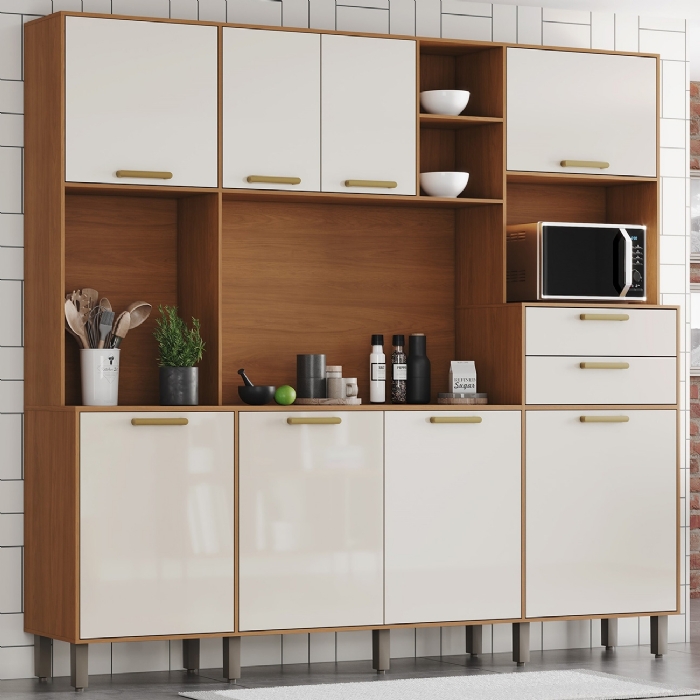 Armário Cozinha Compacta 220cm 8 Portas Íris Nature/Off B07 - Mpozenato