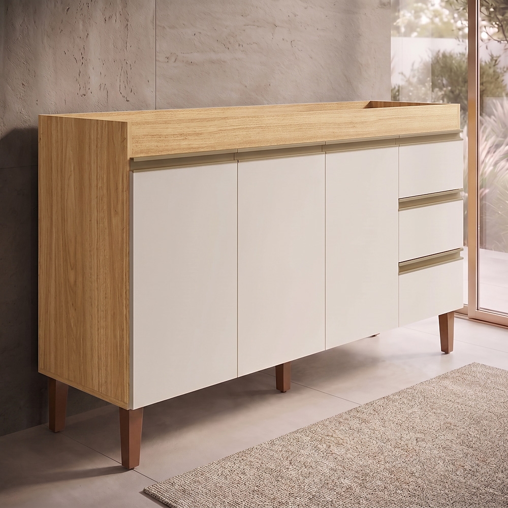 Balcão Gabinete Para Pia 160cm Sem Tampo 3 Portas Karen Z49 Nature/Off White - Mpozenato