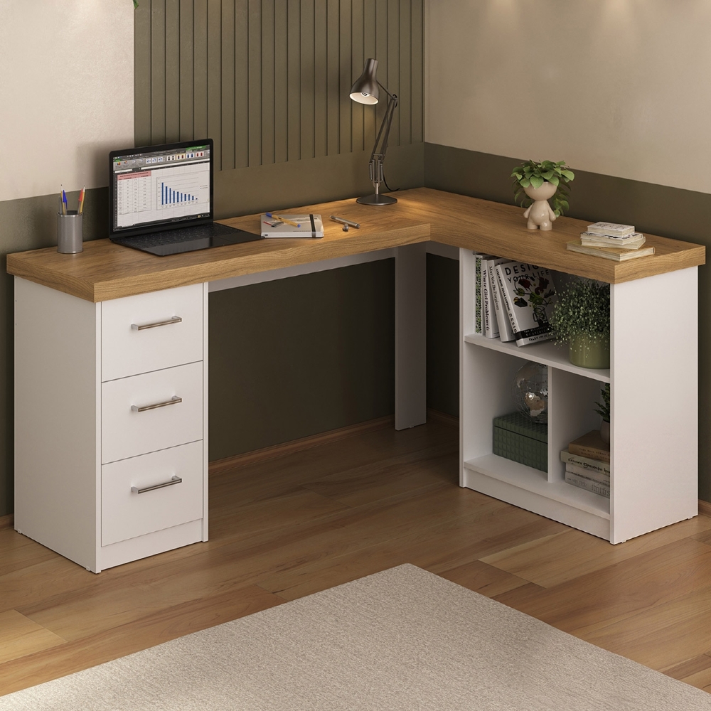 Mesa Escrivaninha em L 154cm 3 Gavetas Tower Olmo/Branco A06 - Mpozenato